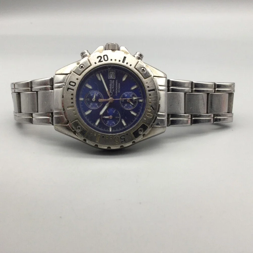 Caravelle By Bulova Mens Watch 39mm Blue Dial Chronograph New Battery 8.25